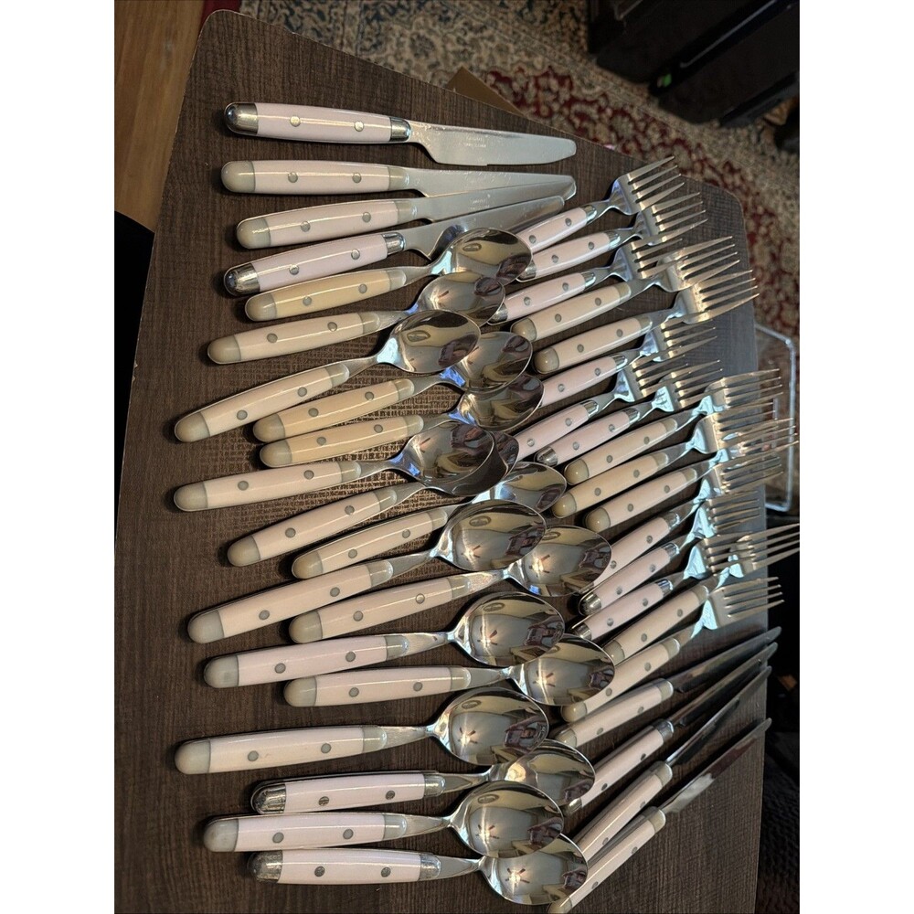 MCM Cambridge Jubilee White Handle 40 Pc.Set Stainless Steel Flatware For 8. GUC